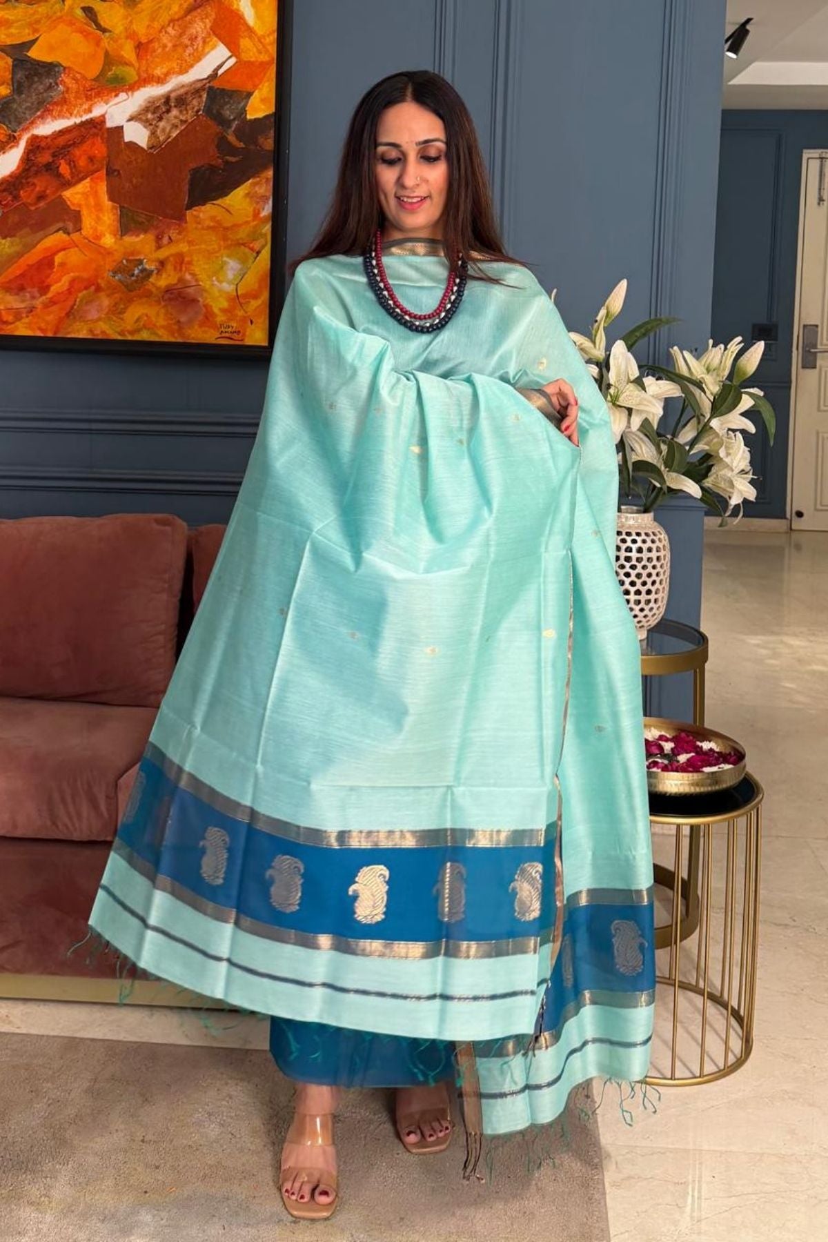 Maheshwari handloom silk by cotton kurta dupatta set